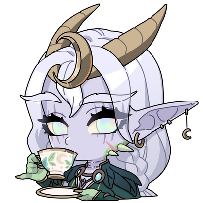 Emote ©NephiamArt A purple dragon elf with white hair and a moon headpiece. She is sipping tea from a china cup. Her outfit is made of green leaves.