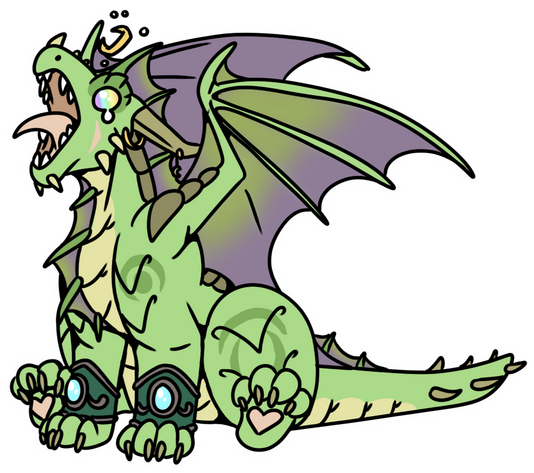 A chibi green dragon with purple wings. She is screaming.